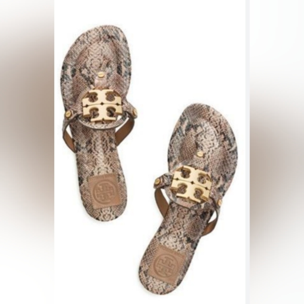 Tory Burch Used  Snakeskin Flip Flops with Gold Details No Box